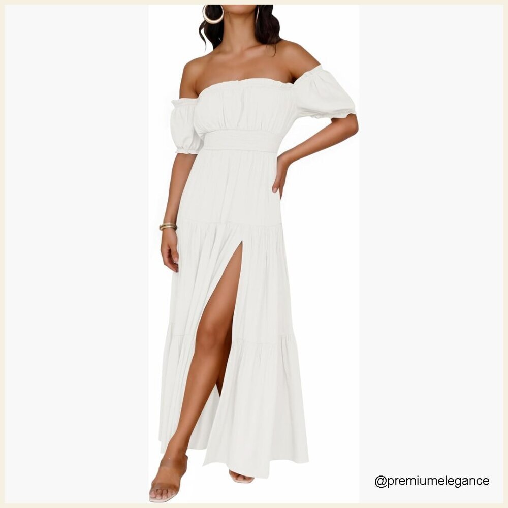 Off Shoulder Maxi Dress with Pockets, Puff Sleeves, A-Line, Summer Wedding Guest
